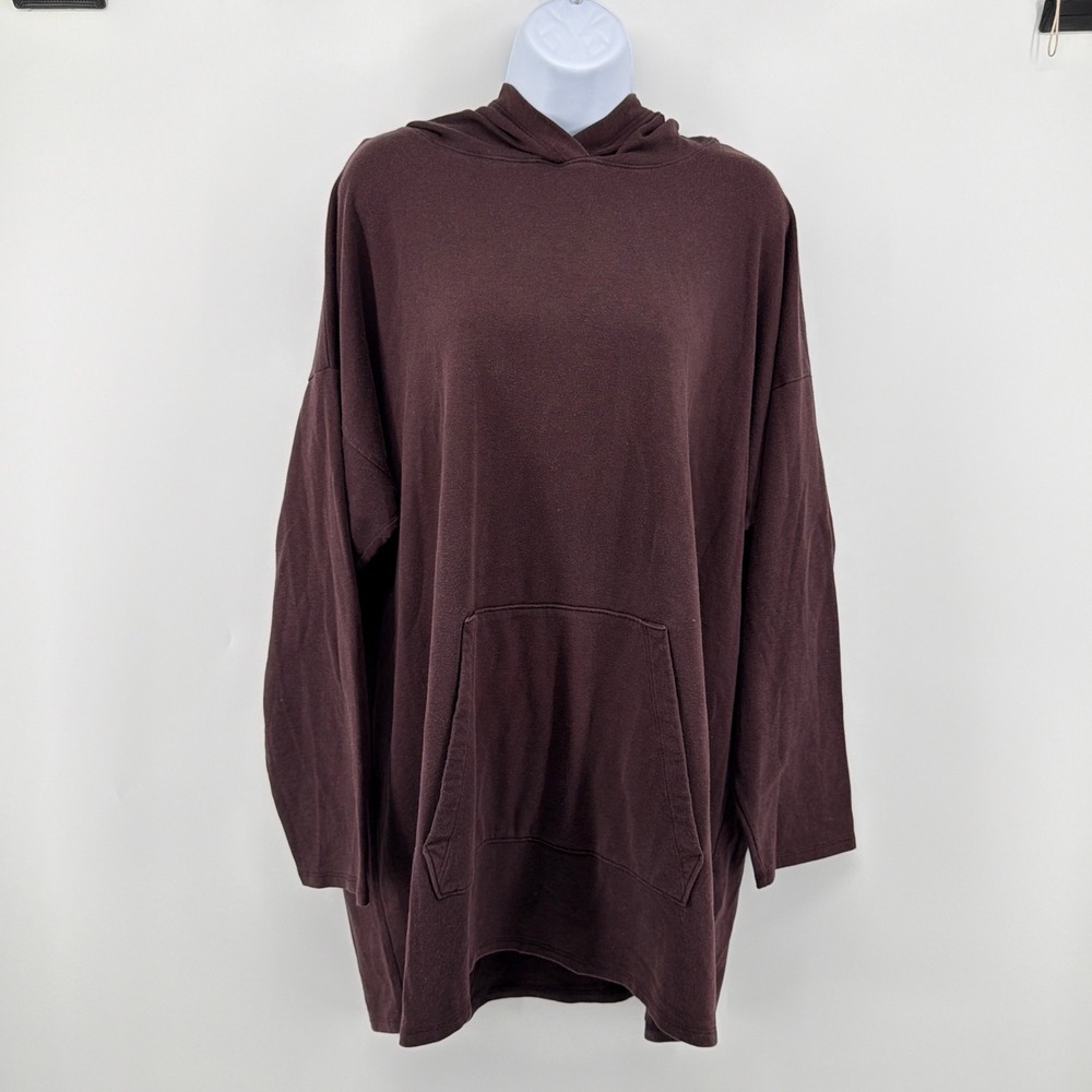 Eileen Fisher Cozy Brushed Terry The Hug Hooded Tunic Top Sweatshirt XL Eggplant